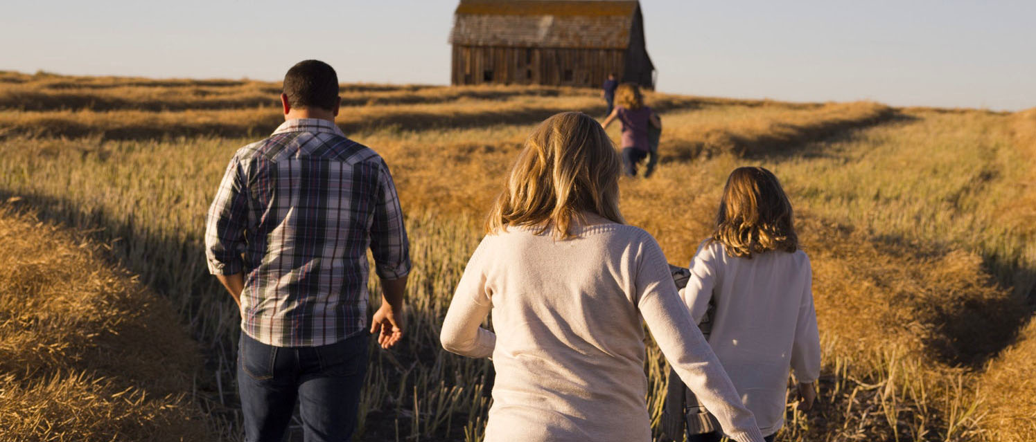 A family walks in a field toward a barn